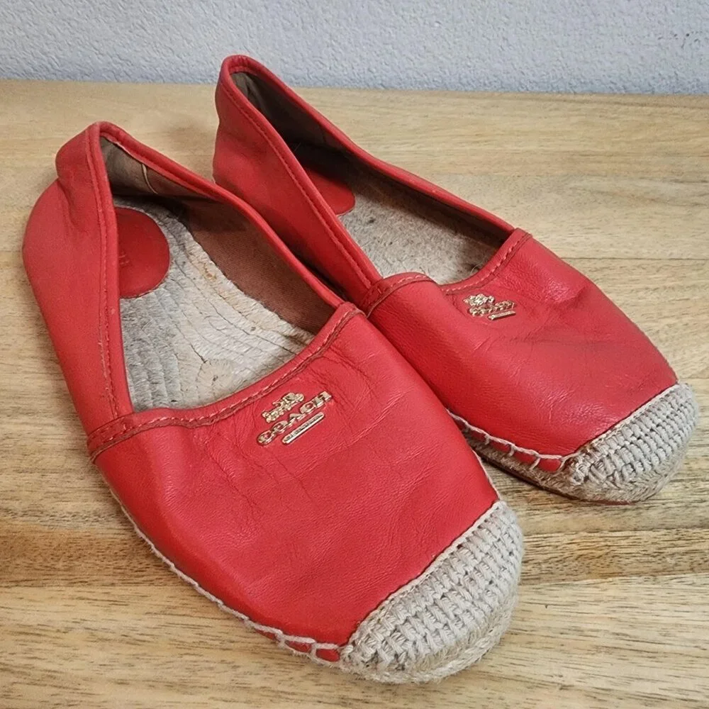 Coach Shoes Womens Size 7.5 Red Leather Espadrille Flats Logo Casual